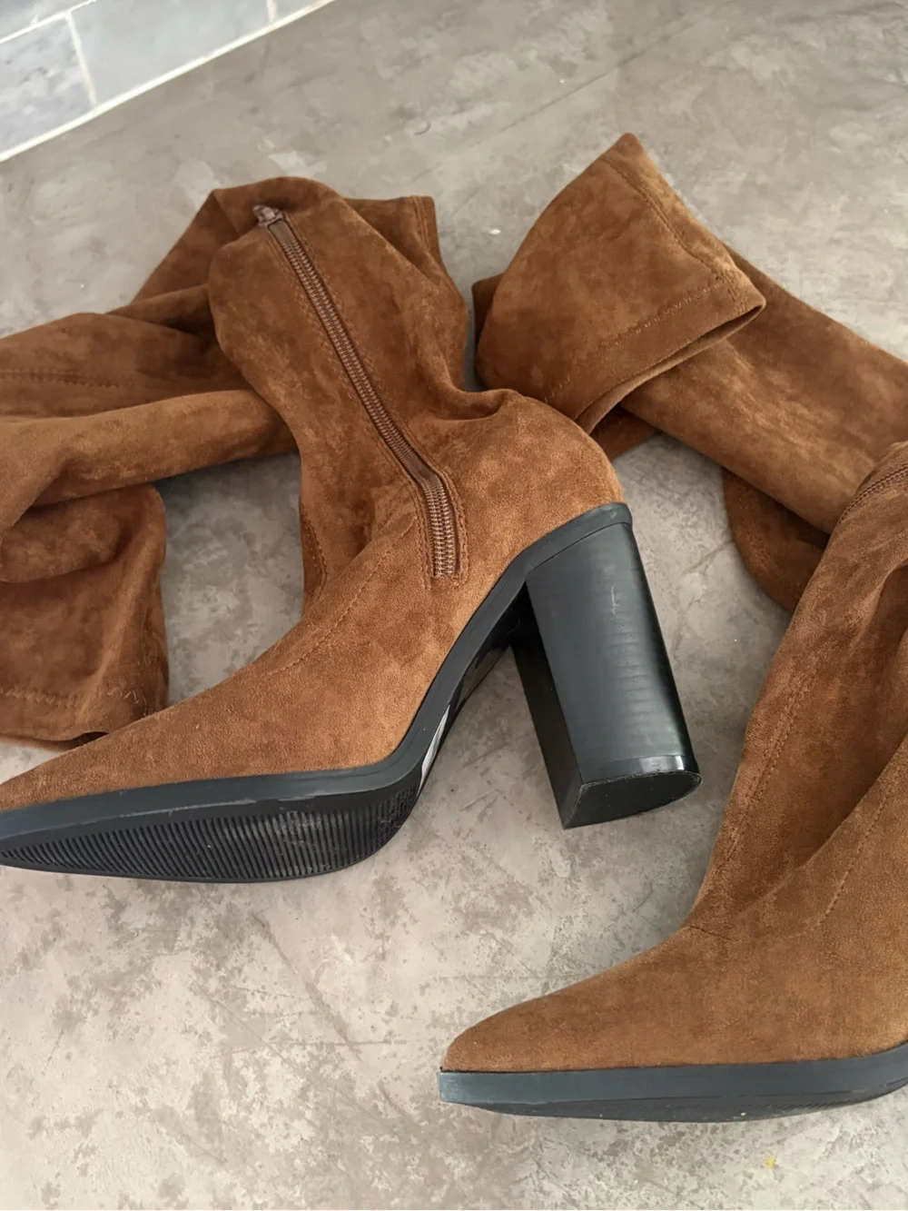 So Me Brown Slouchy Over-the-Knee Suede Pointed-Toe Heeled Boots